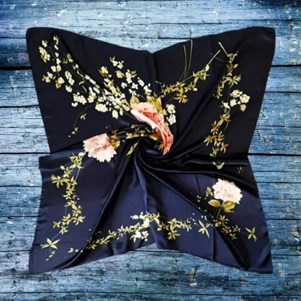 NWOT Navy Blue Floral Silk-Feel Scarf